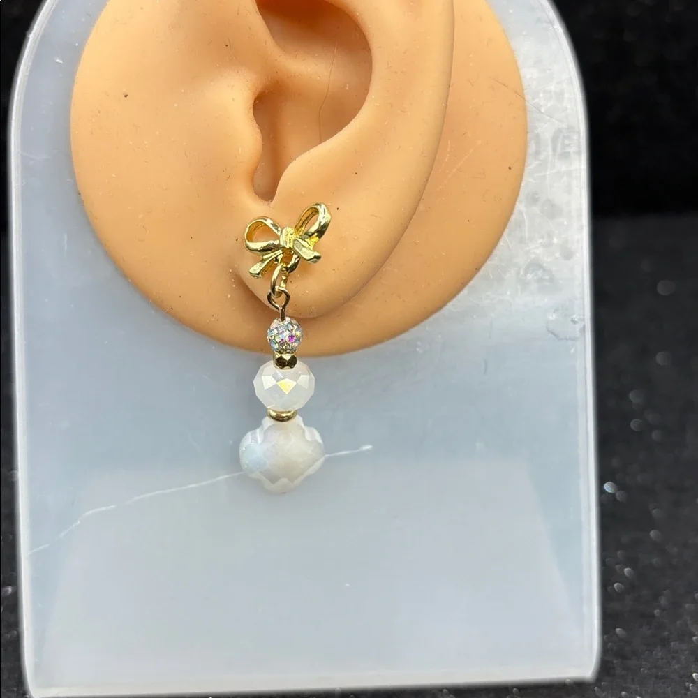Gold Bow Opal Crystal Clover Earrings